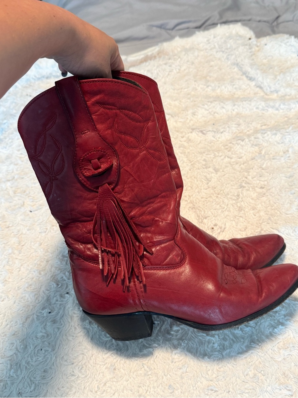 Red Leather Western Tassel Ankle Boots - Women's - Picture 2 of 6